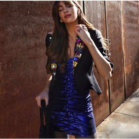 ZARA BLOGGER FAVORITE SPARKLY DRAPED DRESS INK BLUE - Picture 4 of 15